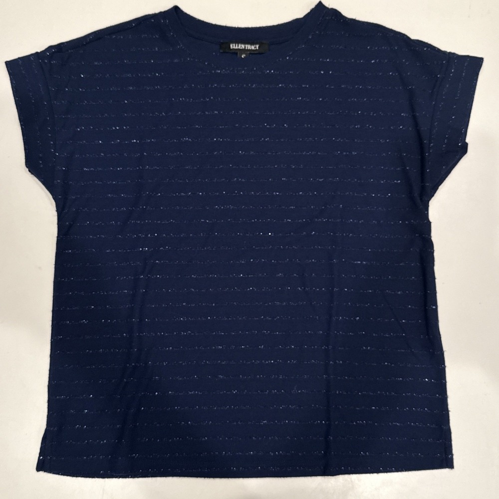 Ellen Tracy Womens Metallic Striped Short Sleeve Top Navy Blue Small 1849311
